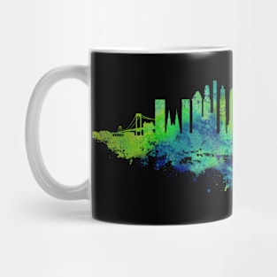 New York City Skyline Watercolor in blue and lime green Mug